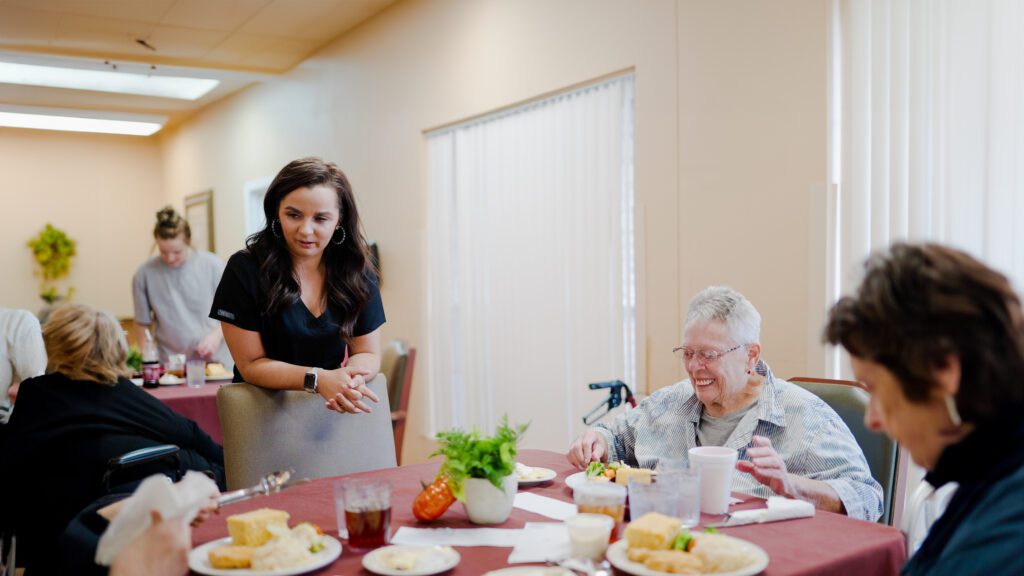 A group of women at a dining room table at Edgewood, a skilled nursing facility